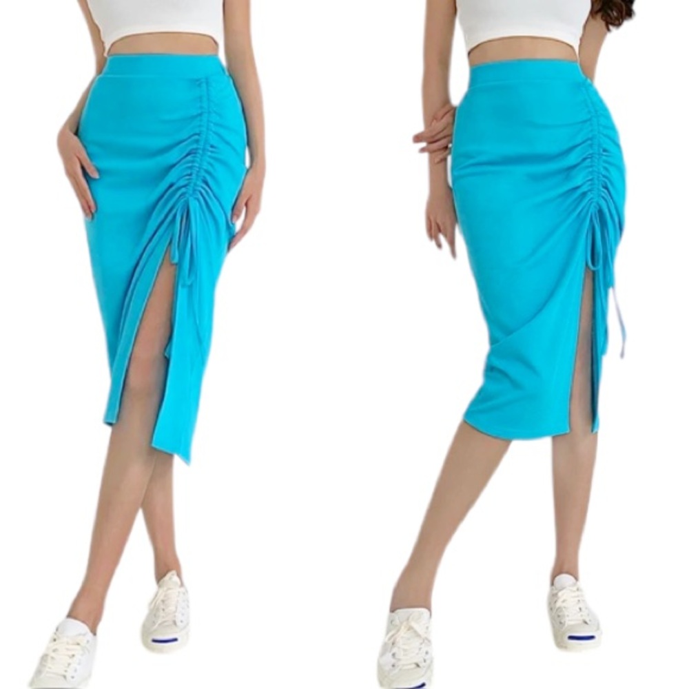 Pretty Little Thing electric blue cinched front slit knee length skirt size 2